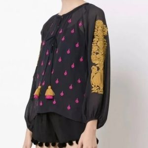 Figue Elisabetta silk embroidered tassel sheer top blouse